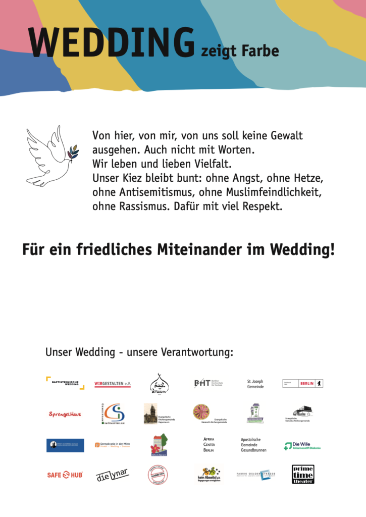 Poster "Wedding zeigt Farbe". Oben ein buntes Band aus Farben, darunter Text und Logos der beteiligten Institutionen.