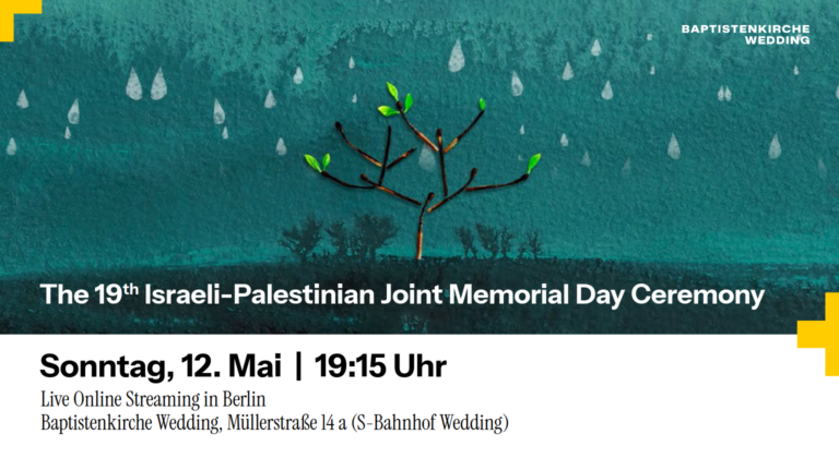 Einladung zur Trauerfeier für die Opfer von Krieg und Gewalt in Palästina und Israel - ein gezeichneter Baum mit grünen Knospen vor dunklem Hintergrunde
