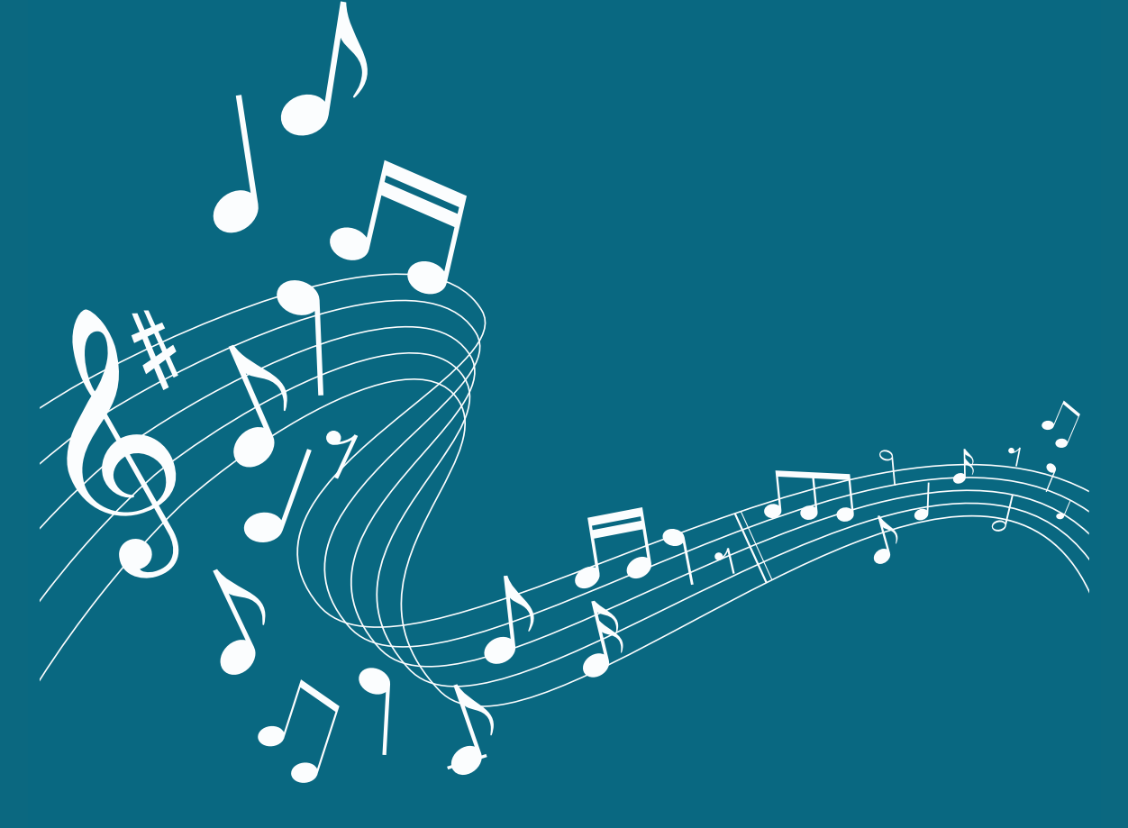 Weiße Musiknoten auf türkisem Hintergrund.