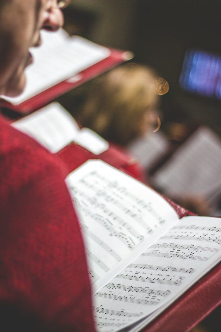 Aus Perspektive eines Chores fotografiert: Menschen mit Notenblättern in den Händen singen.
