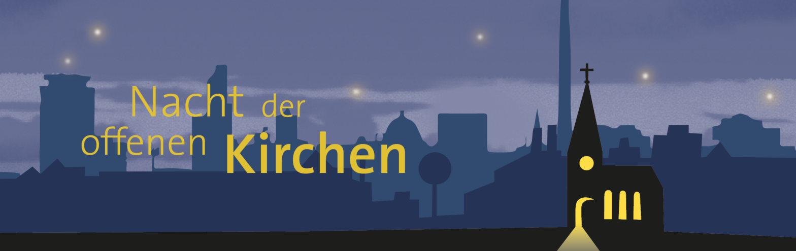Nacht der offenen Kirchen Visual: beleuchtete, gezeichnete Kirche vor dunkler Skyline