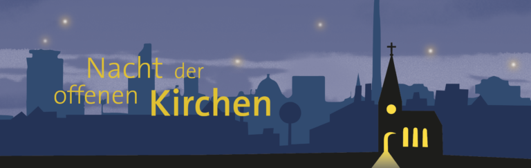 Nacht der offenen Kirchen Visual: beleuchtete, gezeichnete Kirche vor dunkler Skyline