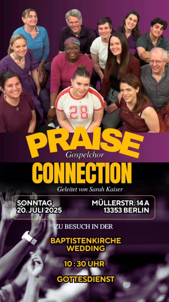Ankündigungsplakat für Gospelchor Praise Connection mit 12 Menschen, die im Halbkreis stehend in die Kamera schauen.