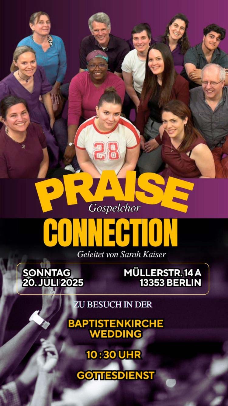 Ankündigungsplakat für Gospelchor Praise Connection mit 12 Menschen, die im Halbkreis stehend in die Kamera schauen.