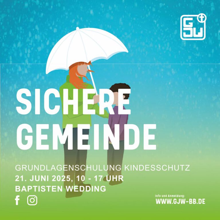 Flyer zum Angebot "Sichere Gemeinde". Im Comicstil stehen ein Erwachsener und ein Kind unter einem weißen Regenschirm.
