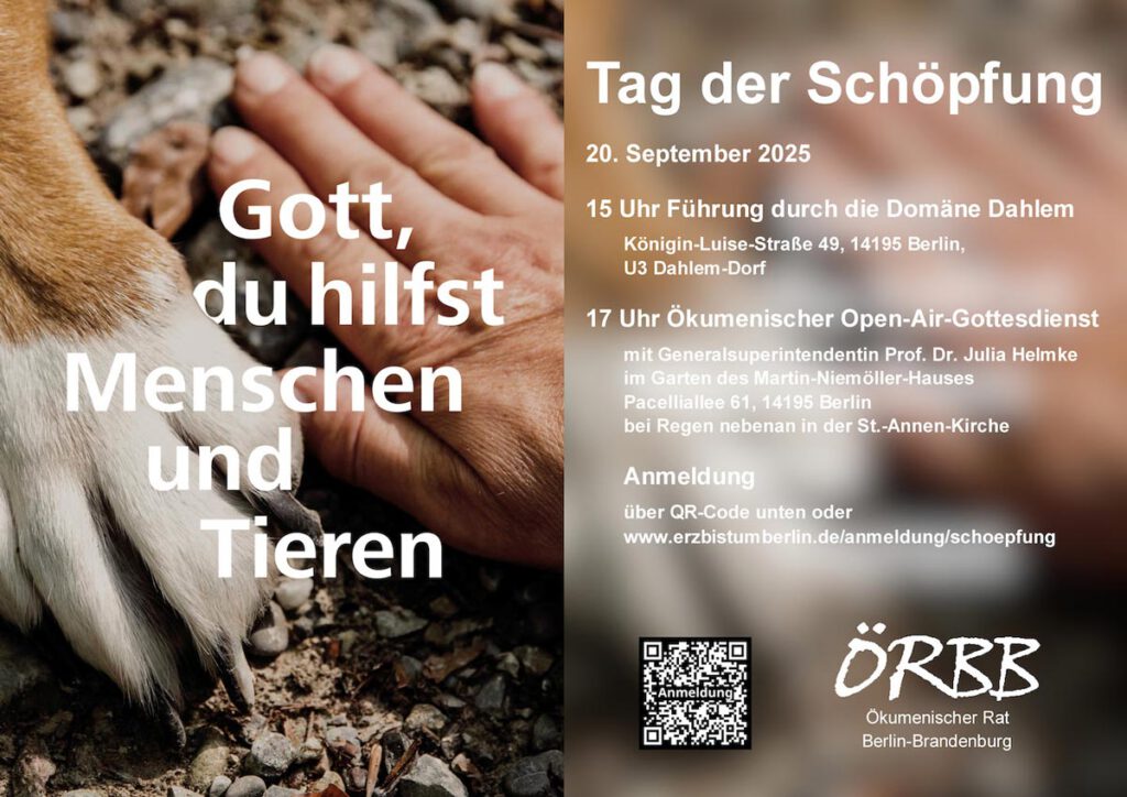 Hände berühren Erde, daneben eine rot-weiße Tierpfote. Überschrift: Gott, du hilfst Menschen und Tieren
